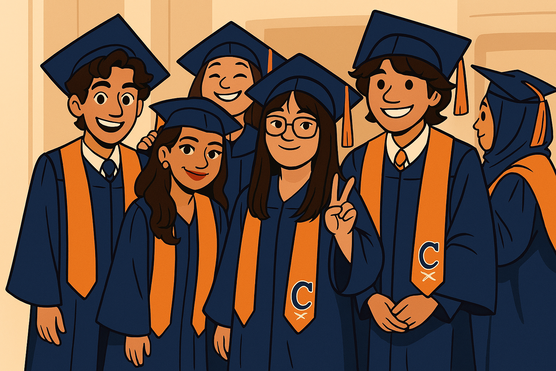 A cartoon image of student graduates